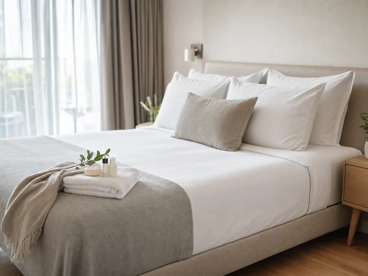 Frisch gemachtes Bett in einem hellen Apartment